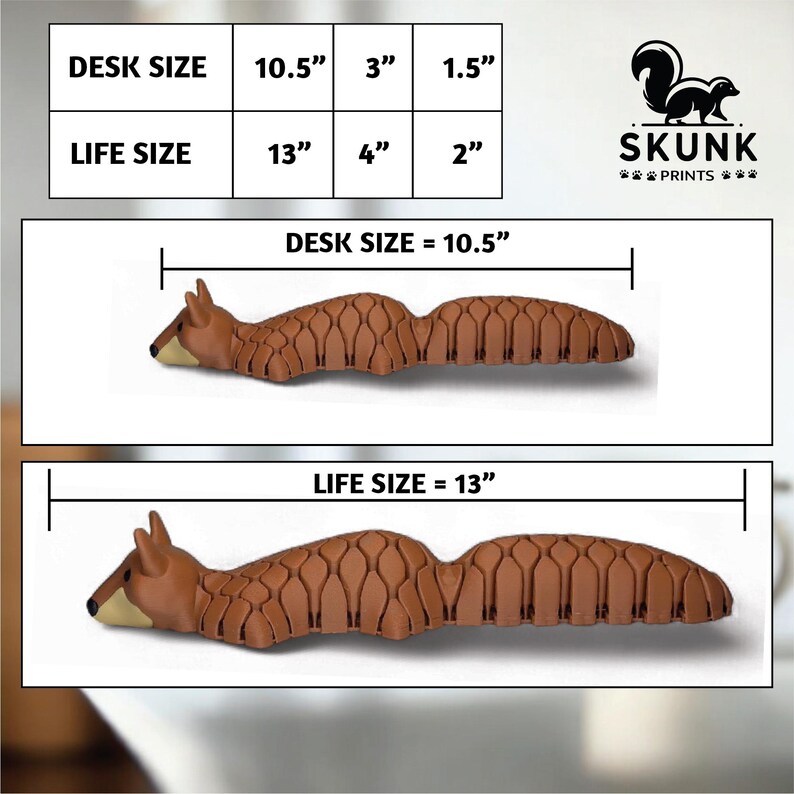 May include: A brown desk accessory shaped like an armadillo, with dimensions of 10.5 inches long, 3 inches wide, and 1.5 inches high. A larger version is 13 inches long, 4 inches wide, and 2 inches high. The Skunk Prints logo is in the upper right corner.
