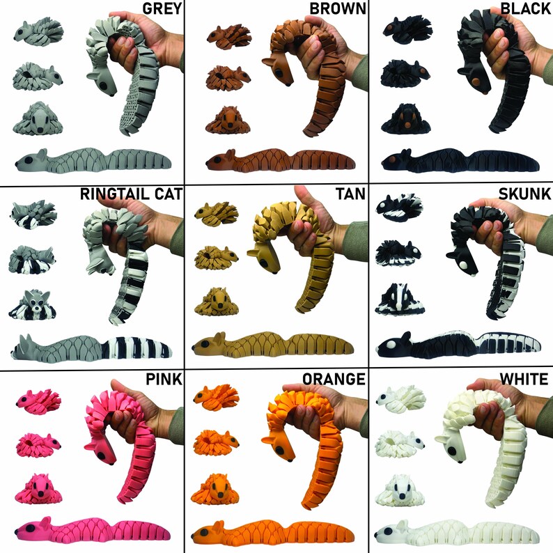 May include: A collection of colorful, bendable toy animals in various colors, including grey, brown, black, ringtail cat, tan, skunk, pink, orange, and white. Each set includes a larger, segmented animal and smaller matching figures.