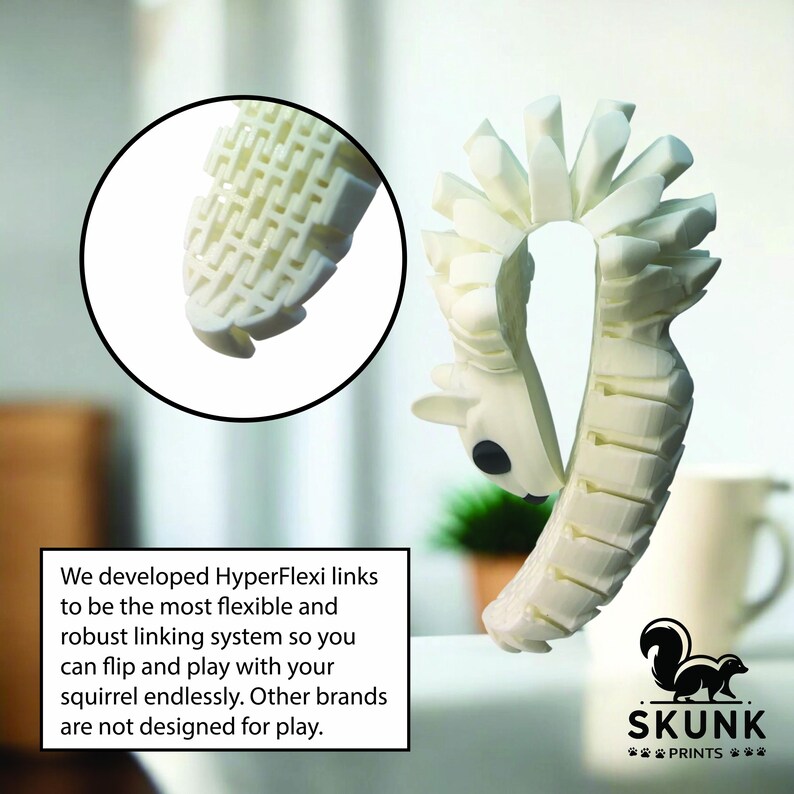 May include: A white, articulated squirrel toy with a black eye and a flexible, segmented body. The toy is designed with HyperFlexi links for play. The image includes text that says "SKUNK PRINTS".