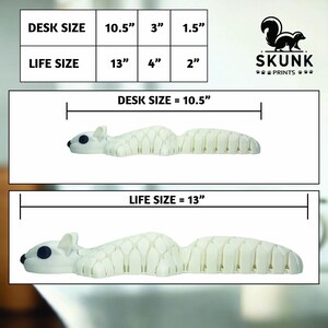 May include: A white squirrel-shaped desk organizer. The desk size is 10.5 inches long, 3 inches wide, and 1.5 inches high. The life size is 13 inches long, 4 inches wide, and 2 inches high. The Skunk Prints logo is in the upper right corner.
