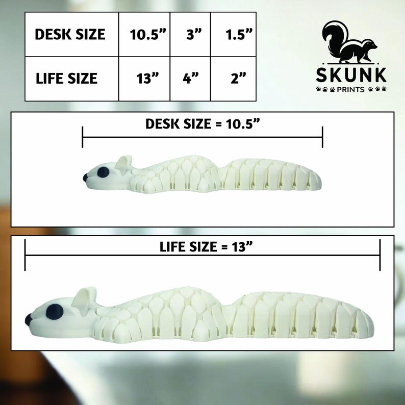 May include: A white squirrel-shaped desk organizer. The desk size is 10.5 inches long, 3 inches wide, and 1.5 inches high. The life size is 13 inches long, 4 inches wide, and 2 inches high. The Skunk Prints logo is in the upper right corner.