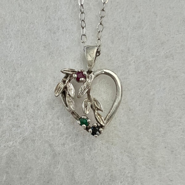 Sterling Silver Ruby, Emerald, and Sapphire Heart Pendant Necklace