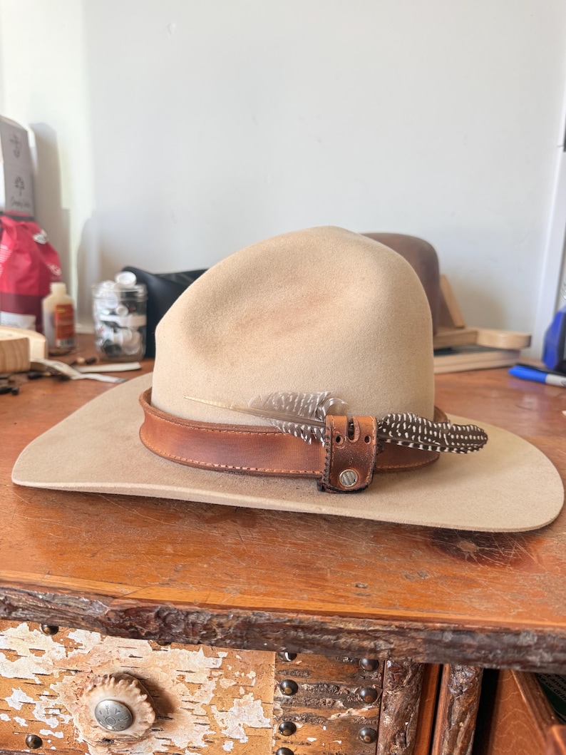 K&ouml;nnte beinhalten: Beigefarbener Fedora-Hut mit braunem Lederband und Federakzenten. Der Hut hat eine breite Krempe und eine leicht gebogene Krone. Das Lederband ist mit einer kleinen Schnalle befestigt. Die Federn sind braun und wei&szlig;.