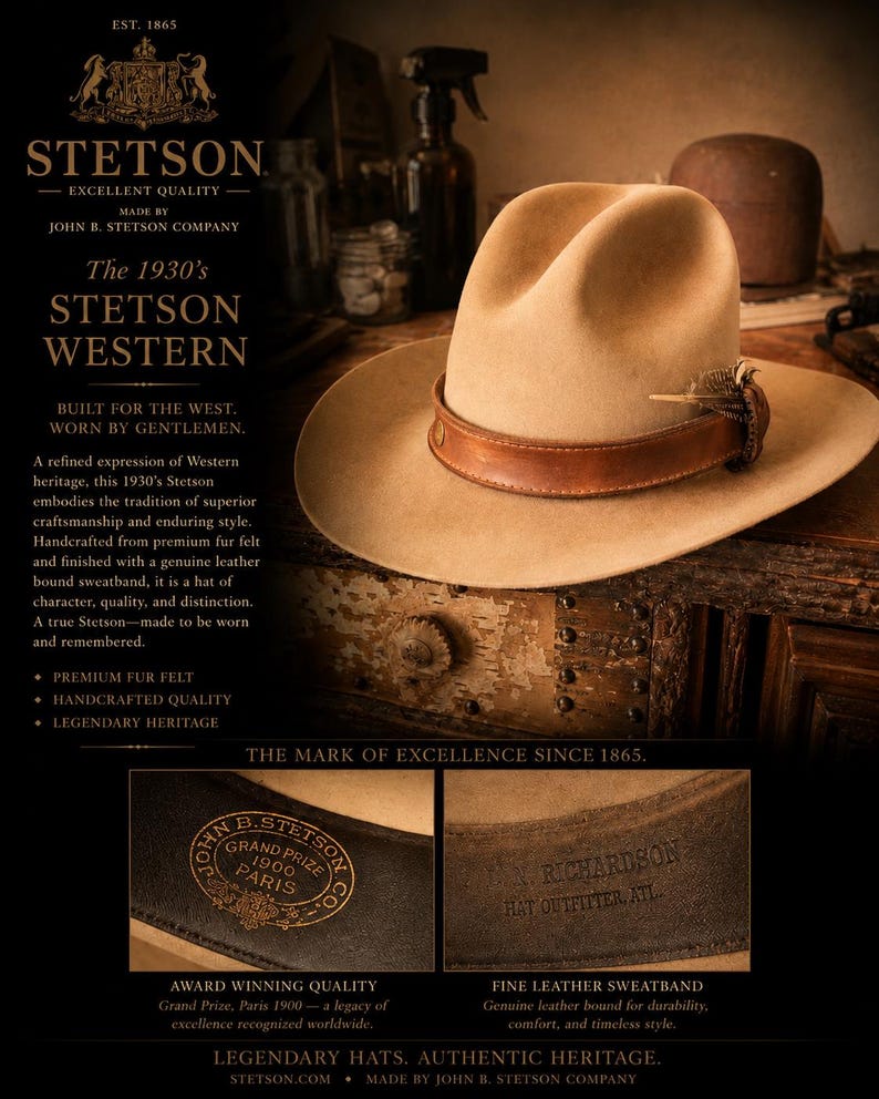 K&ouml;nnte beinhalten: Ein beigefarbener Stetson Western Hut mit einem braunen Lederband und Federdetails. Der Hut wird auf einer Holzoberfl&auml;che pr&auml;sentiert. Der Text auf dem Bild lautet "The 1930's Stetson Western" und "Legendary Hats. Authentic Heritage."