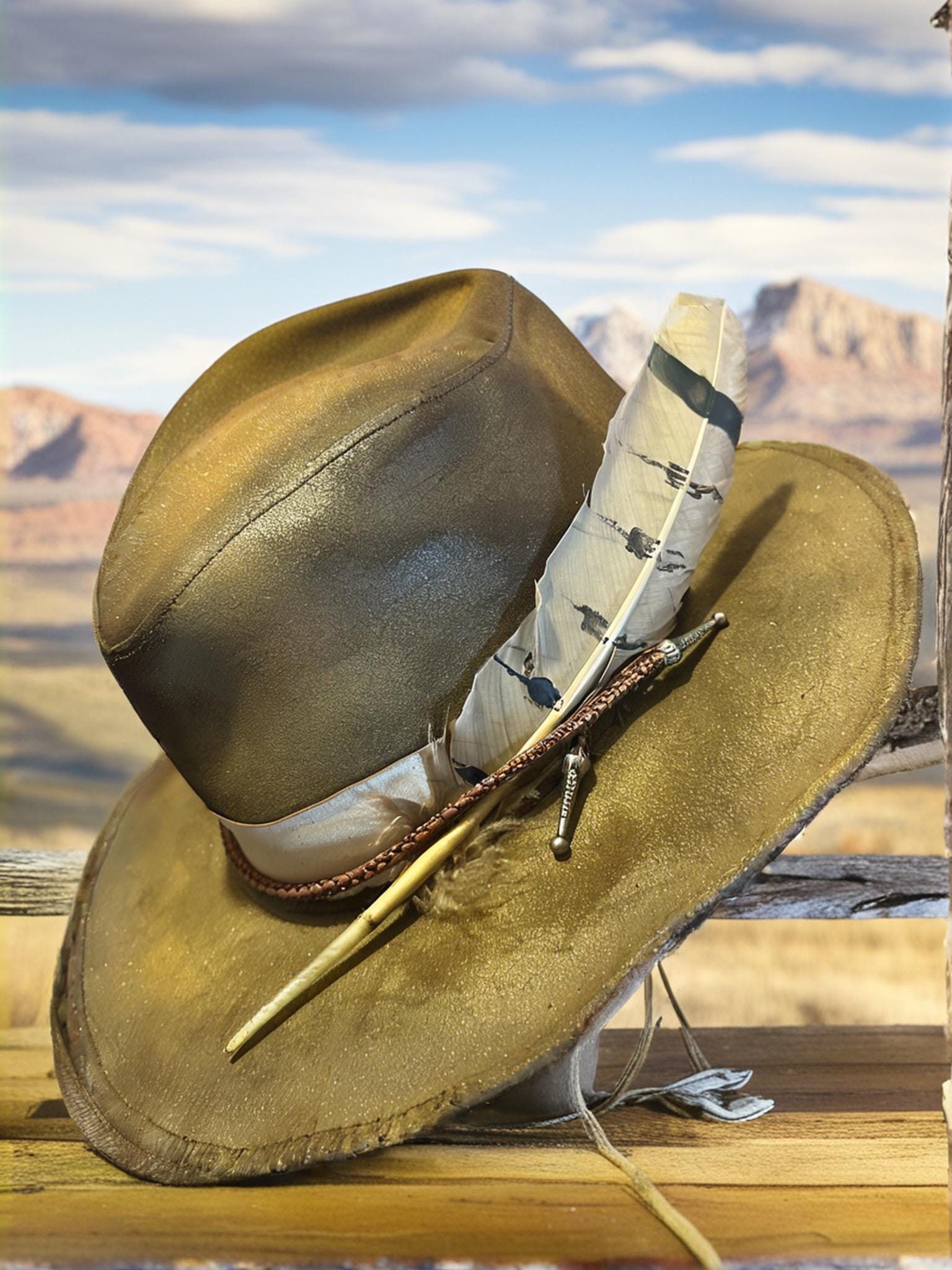 Genuine Leather Outback Hat With Feather and Bone Accent. 7 1 8 Custom Distressed. Etsy UK