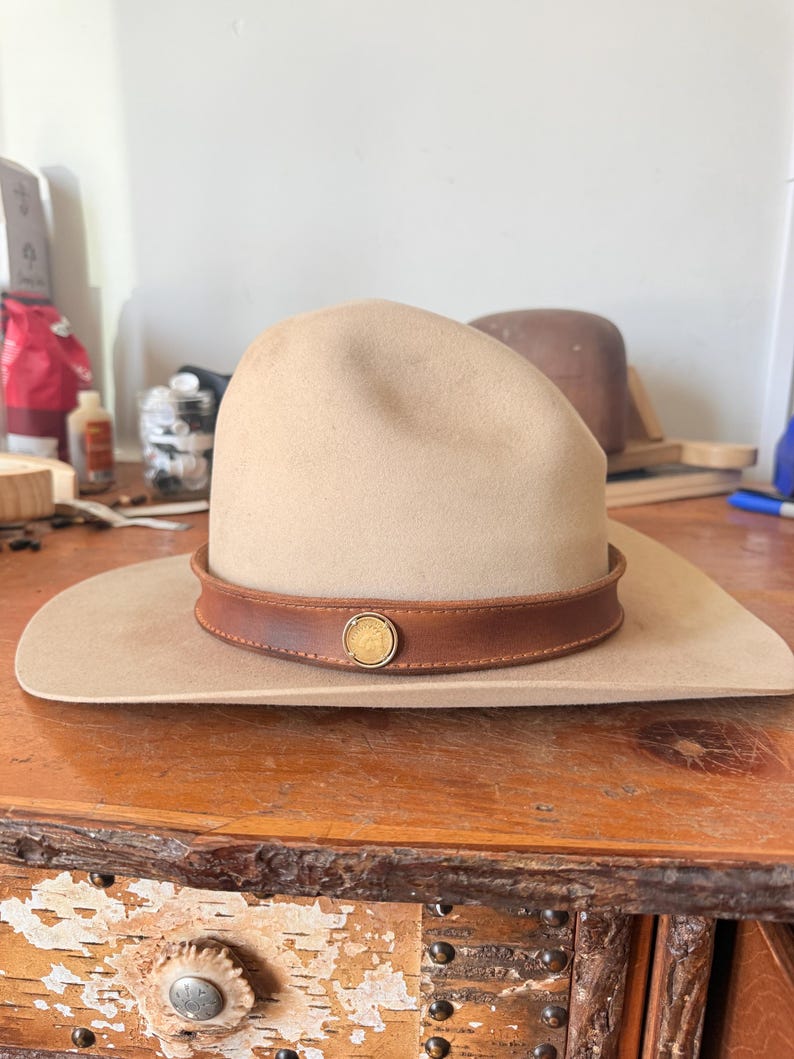 K&ouml;nnte beinhalten: Ein beigefarbener Cowboyhut mit einem braunen Lederband und einem goldfarbenen kreisf&ouml;rmigen Emblem. Der Hut hat eine breite Krempe und eine abgerundete Krone. Der Hut liegt auf einer Holzoberfl&auml;che.