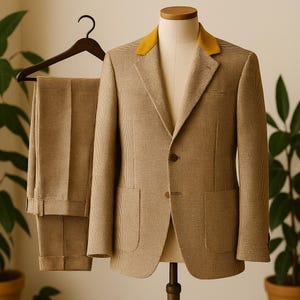 May include: A tan and brown houndstooth suit, including a blazer with a yellow collar and matching trousers. The suit is displayed on a mannequin and a hanger, showcasing the tailored fit and classic design. The suit is a classic style.