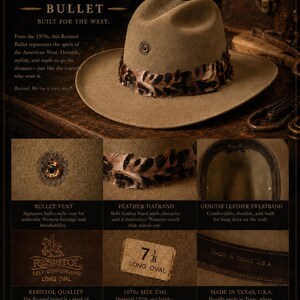 May include: A tan Resistol Bullet cowboy hat from the 1970s, with a feather hatband and bullet vent. The hat features the Resistol brand and is made in Texas, USA. The hat is a true icon of the American Cowboy.