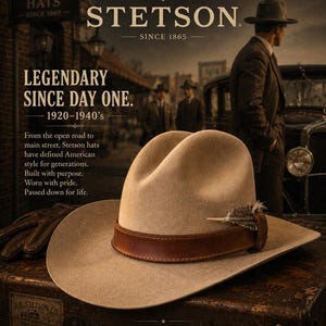 K&ouml;nnte beinhalten: Werbung f&uuml;r Stetson-H&uuml;te. Ein beigefarbener Hut mit braunem Lederband und Federdetail liegt auf einem Vintage-Koffer. Die Anzeige enth&auml;lt den Text "LEGENDARY SINCE DAY ONE" und "QUALITY. HERITAGE. AMERICAN."