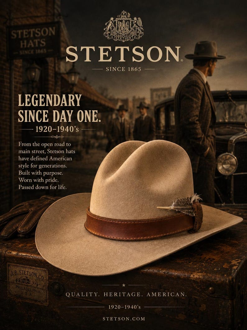 K&ouml;nnte beinhalten: Werbung f&uuml;r Stetson-H&uuml;te. Ein beigefarbener Hut mit braunem Lederband und Federdetail liegt auf einem Vintage-Koffer. Die Anzeige enth&auml;lt den Text "LEGENDARY SINCE DAY ONE" und "QUALITY. HERITAGE. AMERICAN."
