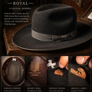 Op de afbeelding: Een zwarte Stetson Royal hoed uit 1920, met een donkergrijs lint. De afbeelding bevat details van de constructie van de hoed, waaronder een leren zweetband, het merkteken en de originele labels. De tekst luidt "A Legend. Reborn."