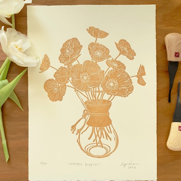 Chemex Poppies | Copper/Cream Colorway | Original Art Linocut Relief Block Print of Icelandic Poppies in Chemex coffeemaker