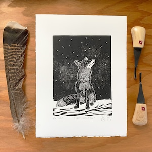 First Snowfall | Original Art Linocut Relief Block Print of Fox in the Snow