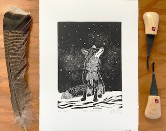 First Snowfall | Original Art Linocut Relief Block Print of Fox in the Snow