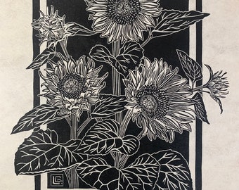 Keep Shining | Original Art Linocut Relief Block Print of Sunflowers | Flower print | Gift for Gardener | July birth flower