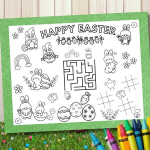 May include: A black and white printable coloring page with the text "Happy Easter" at the top. The page features a variety of Easter-themed images, including bunnies, gnomes, eggs, flowers, and a maze.