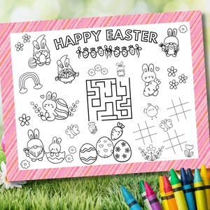 May include: A black and white printable coloring page with the text "Happy Easter" at the top. The page features a variety of Easter-themed images, including bunnies, eggs, a rainbow, and a maze.