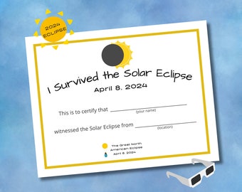 SOLAR ECLIPSE 2024 Printable Party Certificate l Total Solar Eclipse I Classroom Solar Eclipse l Viewing Party l Eclipse Party Favor
