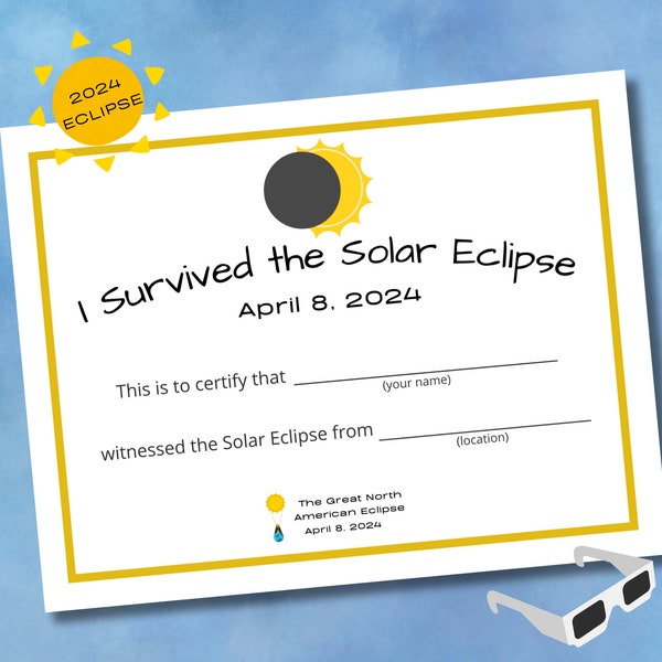 SOLAR ECLIPSE 2024 Printable Party Certificate l Total Solar Eclipse I Classroom Solar Eclipse l Viewing Party l Eclipse Party Favor