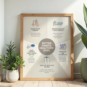 May include: A framed educational poster titled Better Habits, Healthier Eyes, featuring five illustrated icons and text instructions for contact lens care, including washing hands, avoiding water, sleeping without lenses, and eye exams.