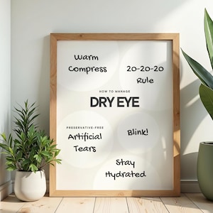 May include: A framed educational poster with a light background featuring the text HOW TO MANAGE DRY EYE. The poster lists tips including Warm Compress, 20-20-20 Rule, Preservative-free Artificial Tears, Blink!, and Stay Hydrated in black text.