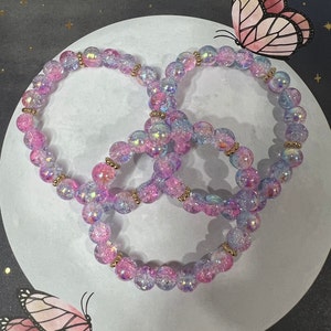 Handmade Pink Blue Gold Crackle Glass Beaded Stretch Bracelets, Bracelets For Women, Bracelets For Girls, Handmade Jewelry, Gifts For Her