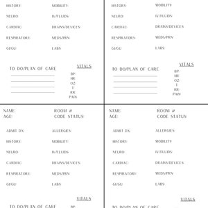 以下が含まれることがあります： 患者情報、氏名、年齢、部屋番号、コードステータス、入院診断、病歴、神経、心臓、呼吸器、消化器、アレルギー、移動能力、IV/輸液、ドレーン/デバイス、薬剤/prn、検査、バイタルサインなど、各項目のセクションが設けられた空白の医療用フォーム。フォームには、ToDo/ケアプランのセクションも含まれています。