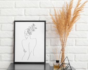 Botanical Woman Line Art Print, Minimalist Female Figure (Digital Download)