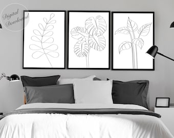 Minimalist Monstera Line Art Prints, Boho Leaves Set of 3 (Digital Download)