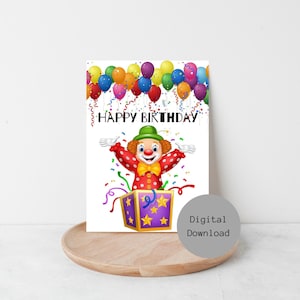 Tarjeta de cumpleaños de payaso imprimible, tarjeta de cumpleaños imprimible divertida, tarjeta de cumpleaños digital para niños, tarjeta de felicitación 5x7