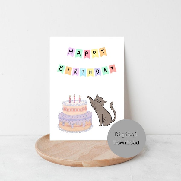 Printable Cat Birthday Card, Printable Birthday Card Funny, Digital Birthday Card from Cat, 5x7 Greeting Card