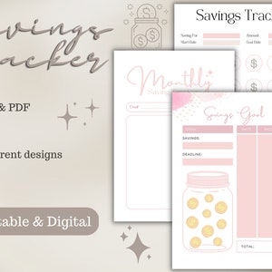 May include: Printable pink and white savings tracker with a jar and coins design. The tracker includes sections for goal, savings, date, amount, and deadline. The text "Savings Goal" is written in a pink and white font.