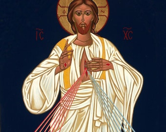 Byzantine Divine Mercy Mounted Icon, Original Icon Artwork on Wood Panel, Jesus I Trust in You