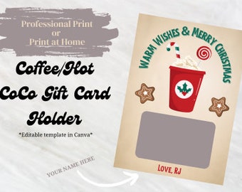 Printable Coffee Cup Christmas Gift Card Holder - Editable Template | Warm Wishes Greeting Card | DIY Holiday Present | Instant Download