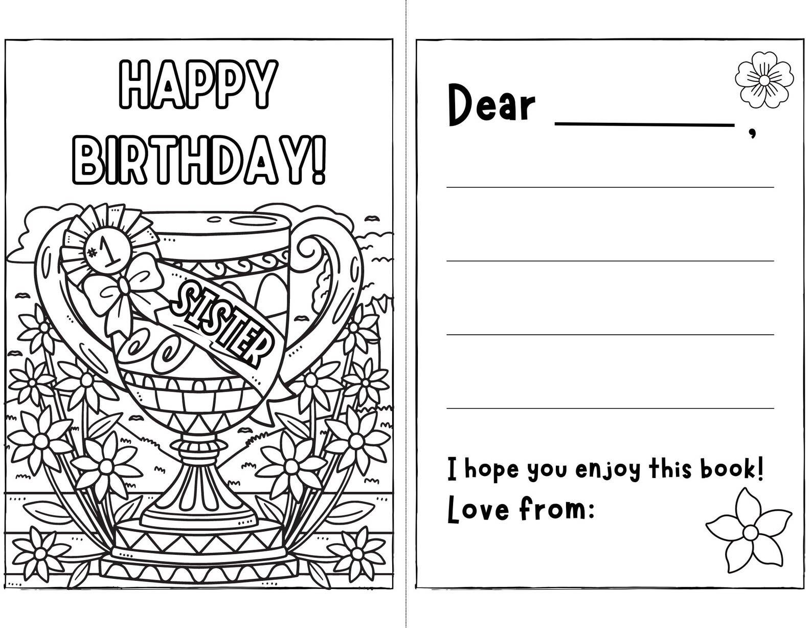 SISTER BIRTHDAY PRINTABLE Card Book Instant Download Coloring Page Diy ...
