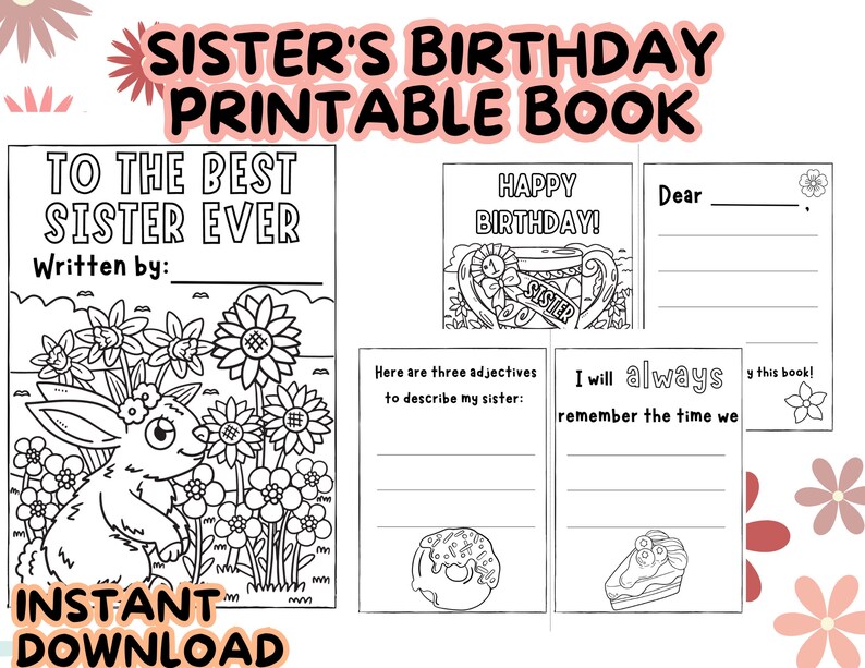 SISTER BIRTHDAY PRINTABLE Card Book Instant Download Coloring Page Diy ...