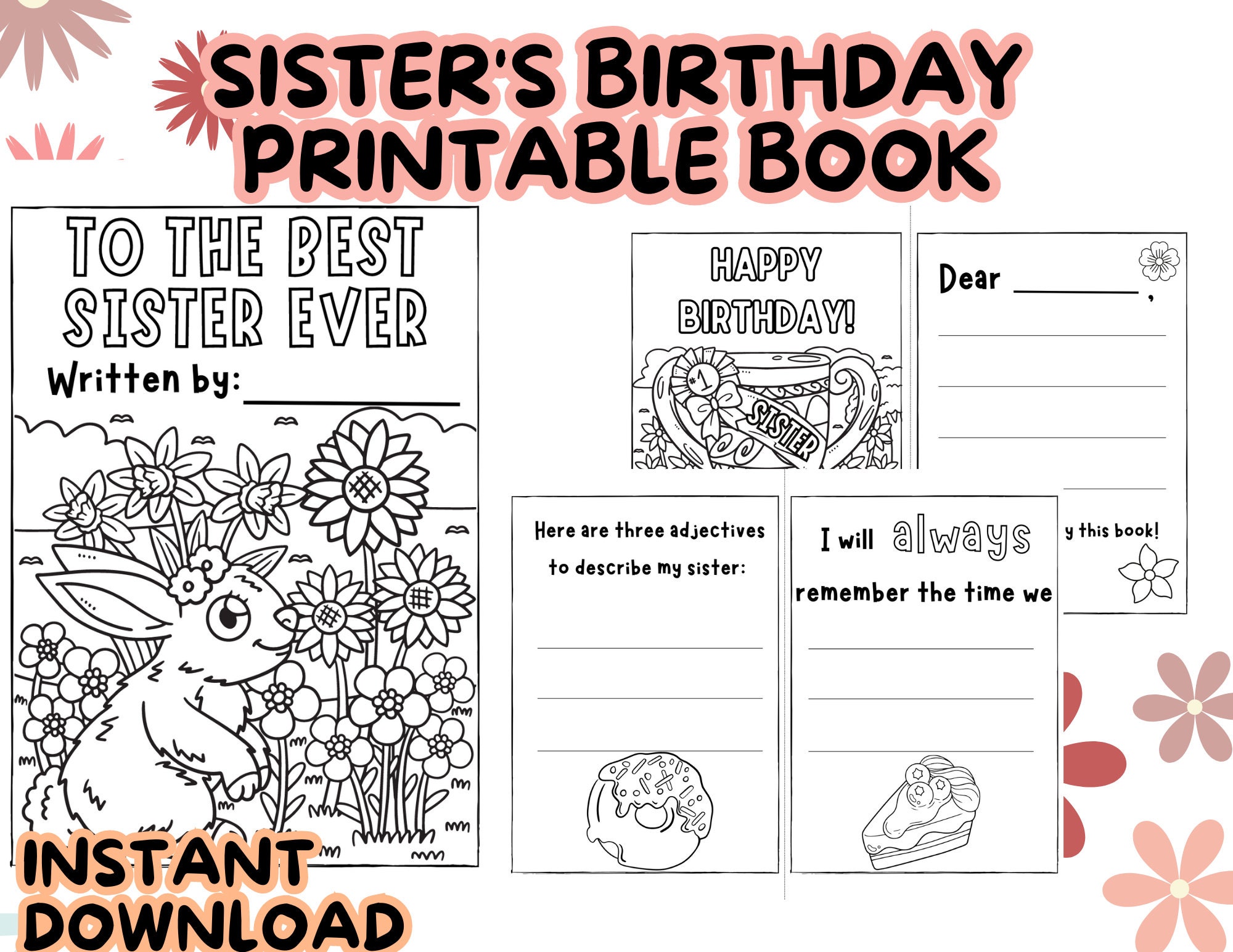 SISTER BIRTHDAY PRINTABLE Card Book Instant Download Coloring Page Diy ...