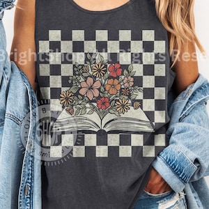 Cadeau débardeur rétro livre et fleurs pour lecteur T-shirt livresque à carreaux sans manches pour lecteur amateur de lecture Vêtements d&#39;entraînement Haut d&#39;été Vêtements littéraires