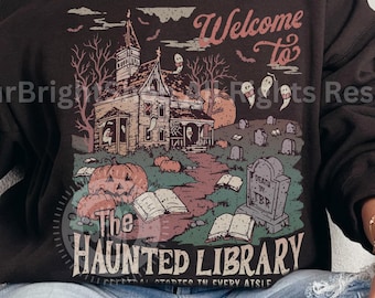 Haunted Library Sweatshirt for Spooky Librarian Funny Halloween Bookish Crewneck for Romance Readers Cute Spooky Sweater for Reading Teacher