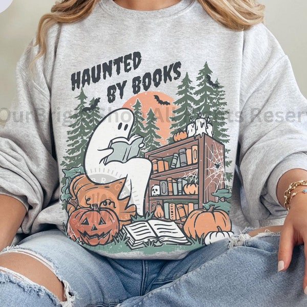 Sudadera con fantasmas leyendo libros para lectores espeluznantes, linda sudadera de Halloween con cuello redondo para amantes de los libros, divertida y espeluznante sudadera para profesores y bibliotecarios.