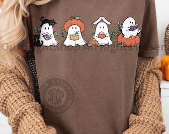 Halloween Ghost Reading Books Shirt for Reader Spooky Shirt for Fall Librarian Halloween Tee for Teacher Halloween Bookish Gifts for Readers