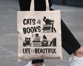 Books and Cats Tote Bag for Cat-loving Bookworm Bookish Tote Bag Gift for Bibliophile Reading tote bag for Cat Lovers Gift for Reader Tote