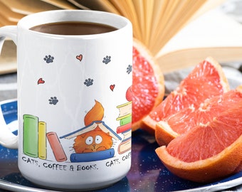 Books and Cats Coffee Mug for Bookworm and Cat Lover Mug Bookshelf Coffee Cup for Bibliophiles Gift for Crazy Cat Lady Gift for Book Lover