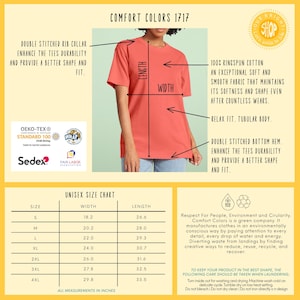May include: Coral Comfort Colors 1717 t-shirt with a unisex size chart. Features include a double-stitched rib collar and bottom hem. Made of 100% ringspun cotton. Measurements are in inches.