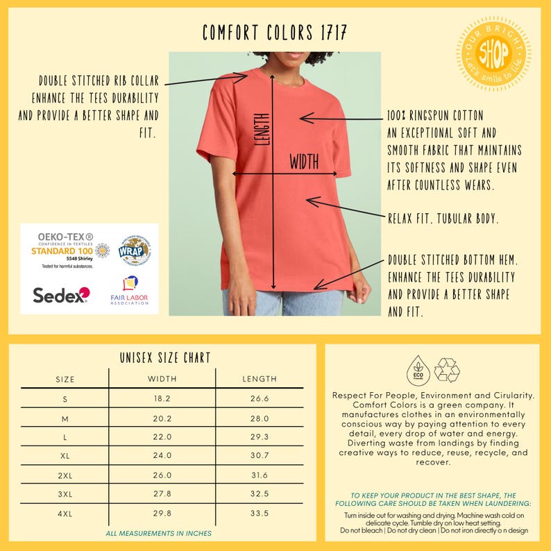 May include: Coral Comfort Colors 1717 t-shirt with a unisex size chart. Features include a double-stitched rib collar and bottom hem. Made of 100% ringspun cotton. Measurements are in inches.