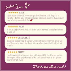 May include: A customer review graphic with a purple background and white text. The text includes customer testimonials with 5-star ratings, praising the quality and design of the products. The phrase "Customer Love" is at the top.
