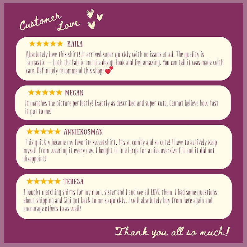 May include: A customer review graphic with a purple background and white text. The text includes customer testimonials with 5-star ratings, praising the quality and design of the products. The phrase "Customer Love" is at the top.