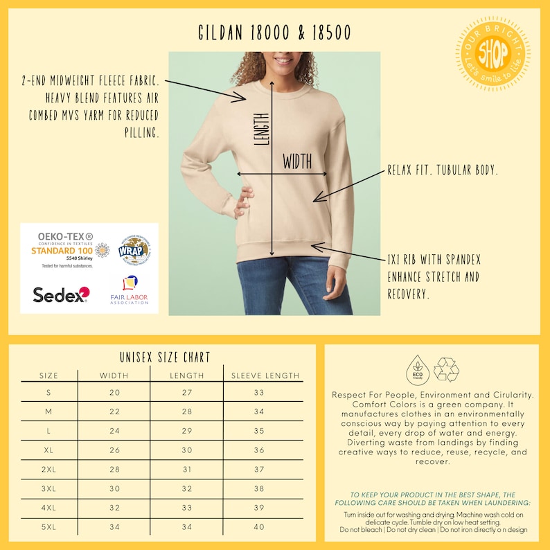 May include: A beige Gildan 18000 & 18500 unisex sweatshirt. Features include a relaxed fit, tubular body, and a 1x1 rib with spandex for enhanced stretch and recovery. The image also includes a size chart and care instructions.