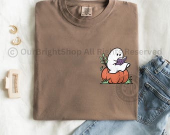 Cute Bookish Ghost Comfort Colors Shirt for Book Lover Halloween Crewneck Spooky Reader Graphic Tshirt Bookish Halloween Shirt Bookworm Gift