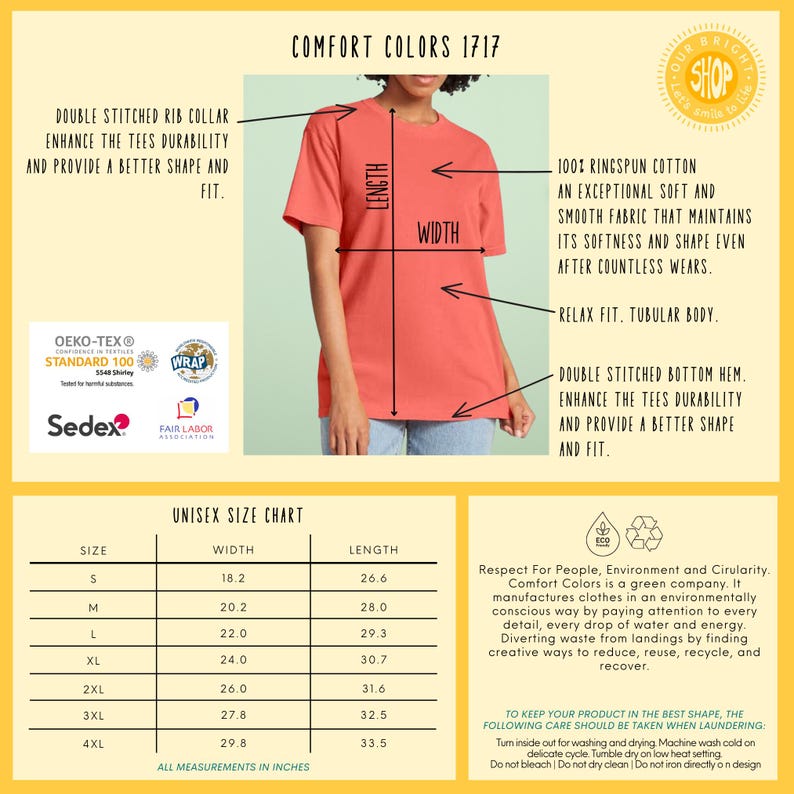 May include: Unisex size chart for t-shirts in various sizes from S to 4XL. The chart shows the width and length measurements in inches. The image also shows a coral colored t-shirt with the text "Comfort Colors 1717" and details about the fabric and fit.
